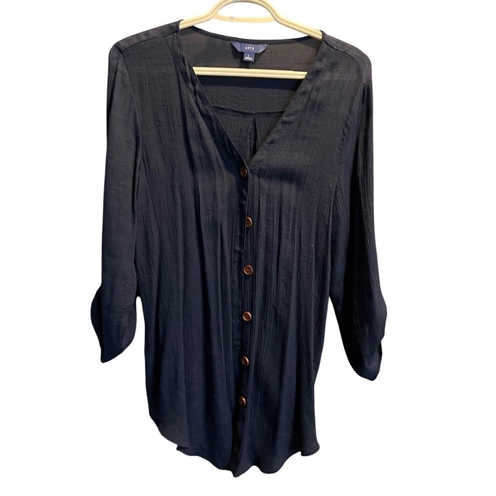 Apt 9 Womens Navy Blue V-Neck Button Down 3/4 Roll Tab Sleeve Blouse Large